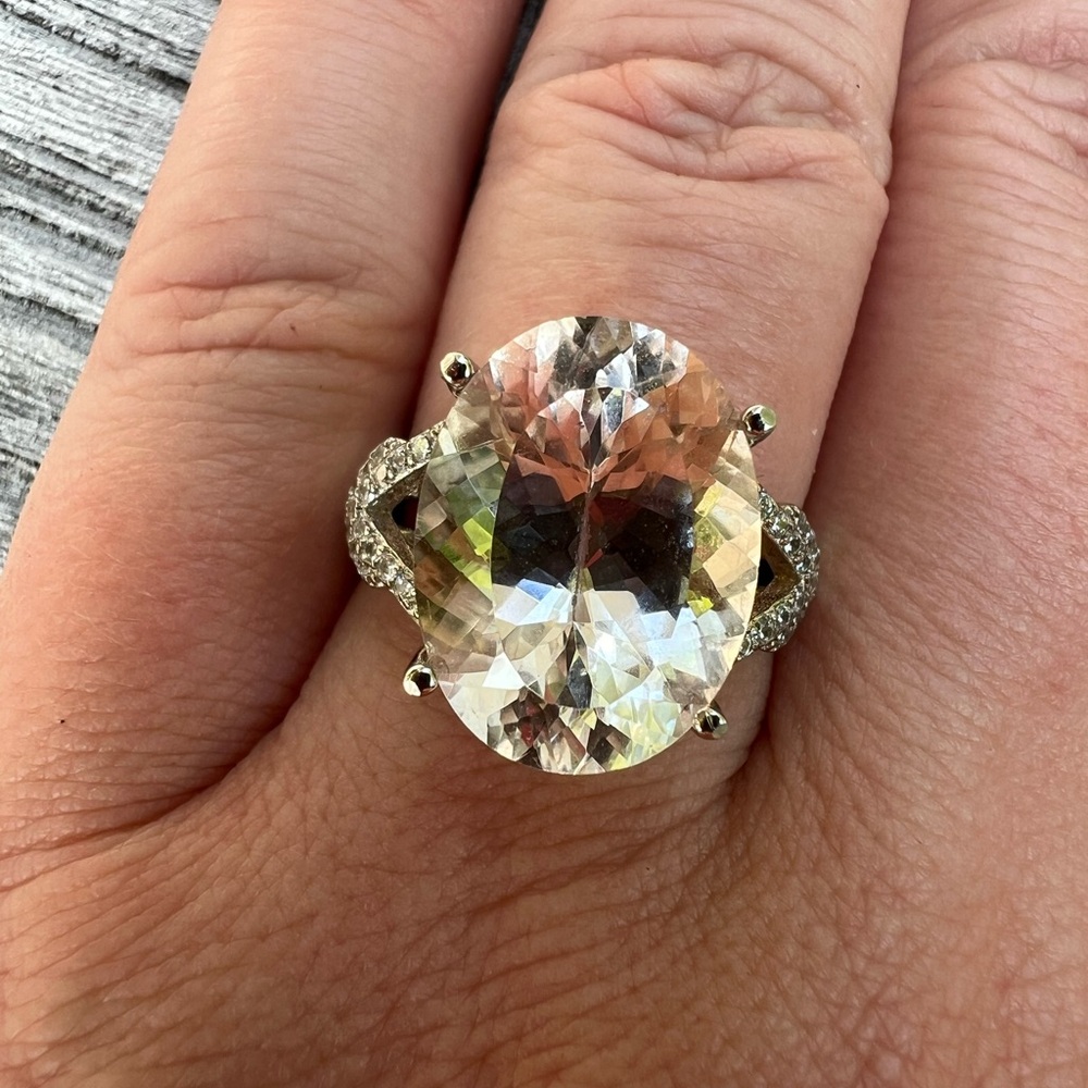 Huge Sterling Silver Adjustable 925 ring with Goshenite and CZ